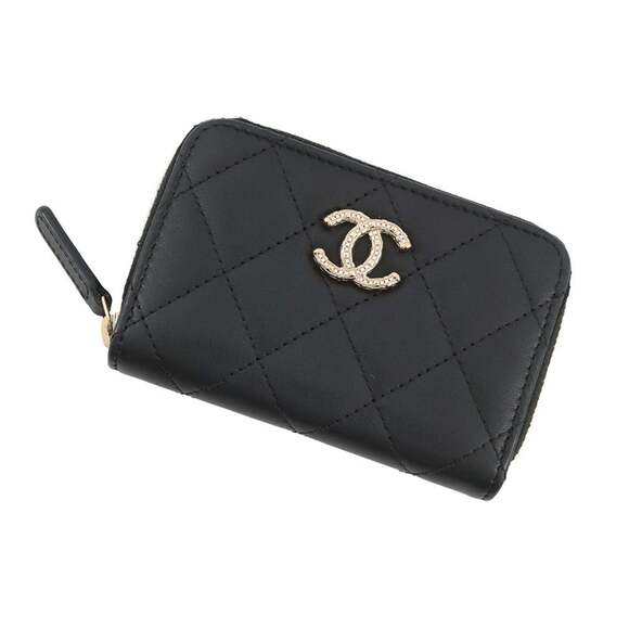Chanel Coco Mark Rhinestone Matelasse Zip Coin Purse in Lambskin Black AP3977